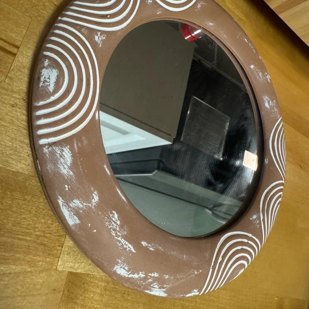 Round Brown Decorative Wall Mirror with White Pattern